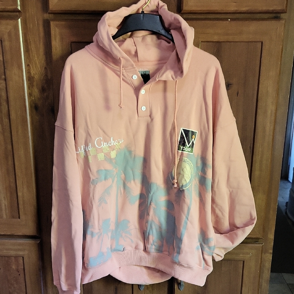 Casual Pink Cotton Hoodie with Turquoise Accents